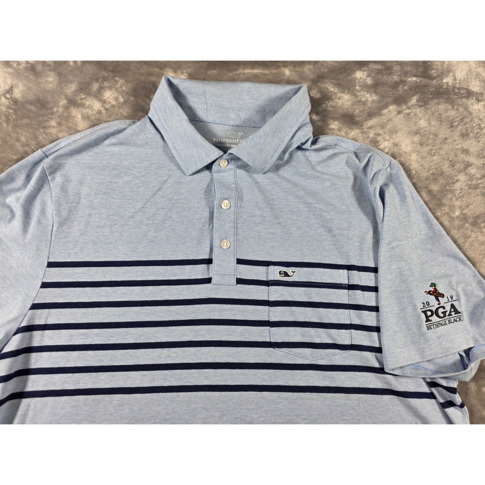 Vineyard Vines Edgartown Polo Mens Large Blue Striped 2019 PGA Bethpage Black